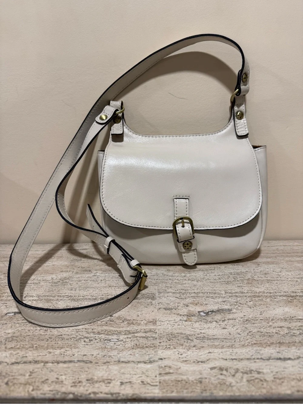 Patricia Nash Off White Leather Crossbody with Buckle Accent